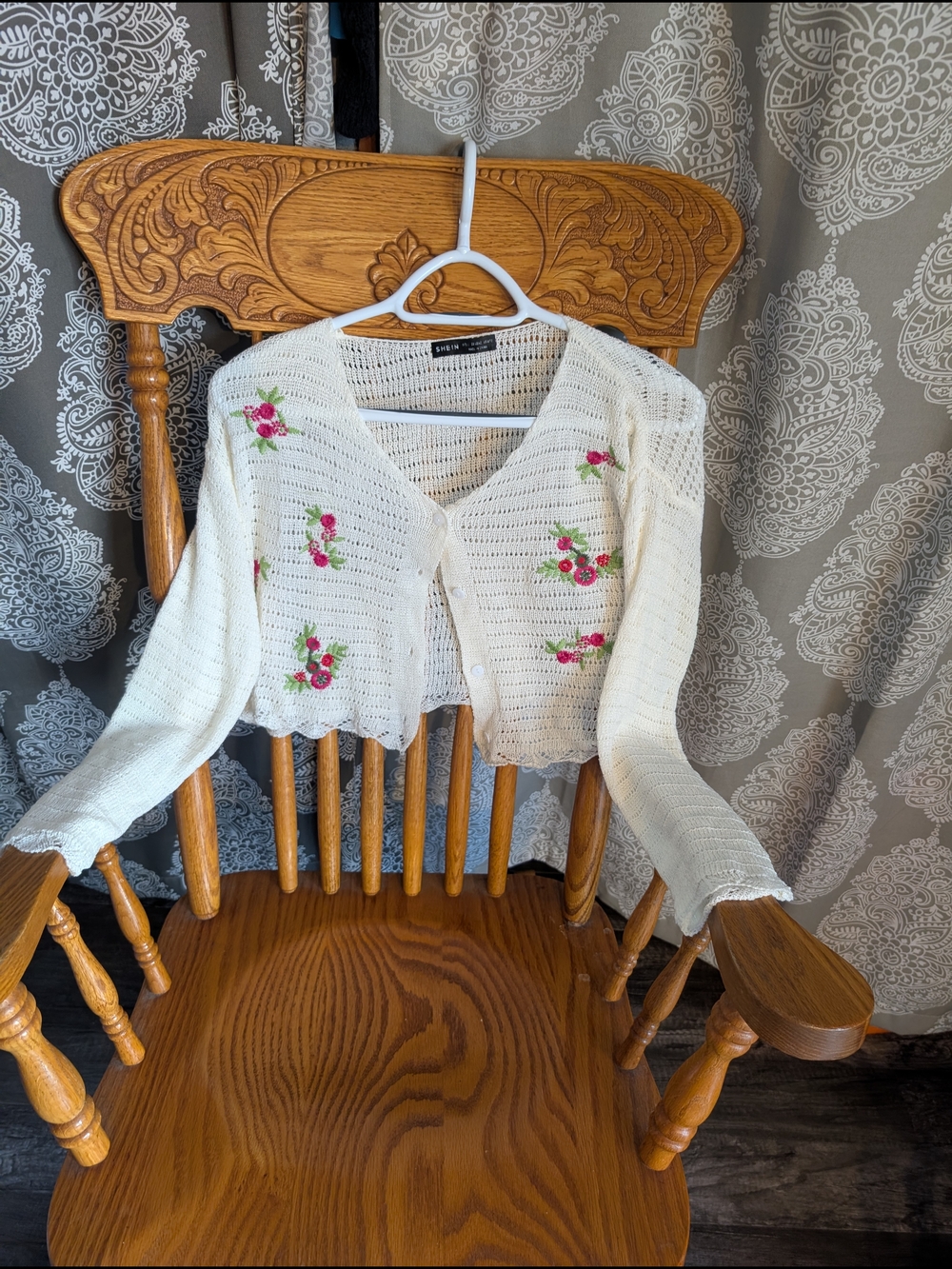 SHEIN White Crochet Cardigan with Pink Floral Embroidery
